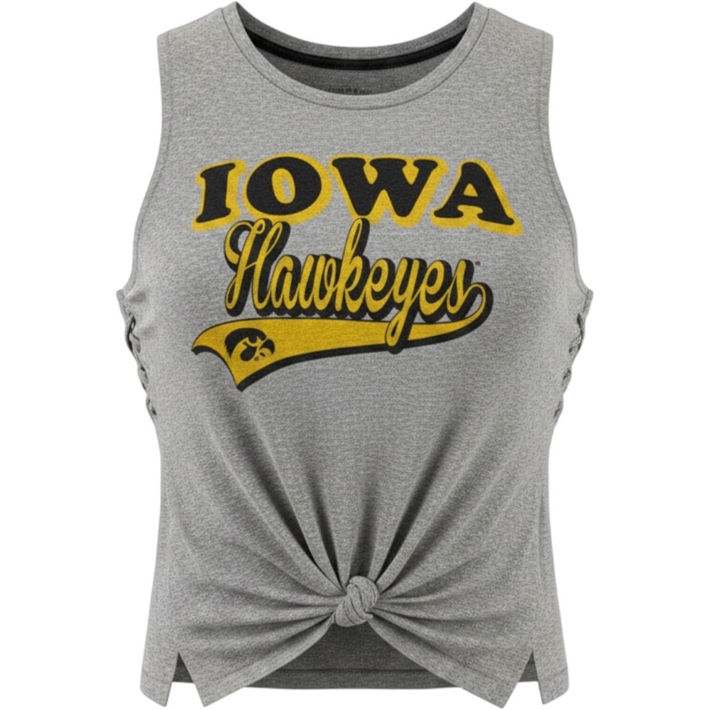 Iowa Hawkeyes Gray Sleeveless Top Lace Up Side Front Knot Graphic Tee M-L